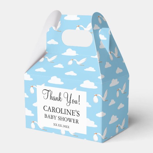 Storch Special Delivery Baby Dusche Blue Clouds Geschenkschachtel (Vorderseite)