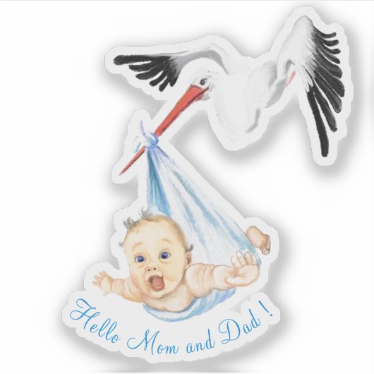 Storch Tragend Baby Funny Sticker mit Text (Vorderseite)