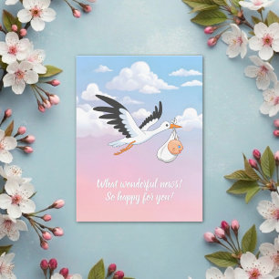 Storch trägt Baby bei bewölktem Himmel Postkarte