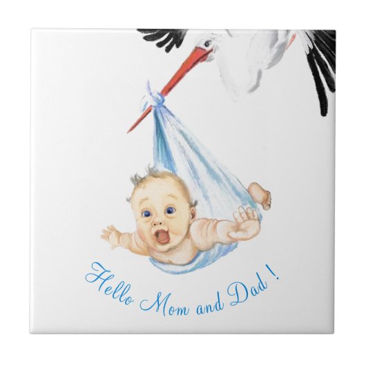 Storch trägt Baby Funny Tile mit benutzerdefiniert Fliese (Vorderseite)