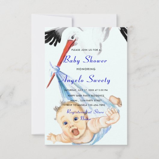 Storch und Baby Boy Shower Einladung QR Code Info (Vorderseite)