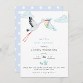 Storch | Watercolor Baby Boy Dusche Einladung (Vorne/Hinten)