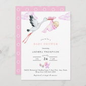 Storch | Watercolor Baby Girl Dusche Einladung (Vorne/Hinten)
