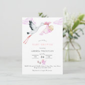 Storch | Watercolor Baby Girl Dusche Einladung (Stehend Vorderseite)