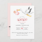 Storch | Watercolor Baby Girl Dusche Einladung (Vorne/Hinten)