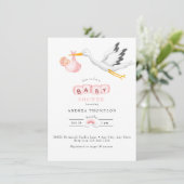 Storch | Watercolor Baby Girl Dusche Einladung (Stehend Vorderseite)