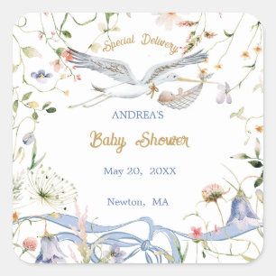 Storch Wildblumen-Band Baby Shower Papier Quadratischer Aufkleber