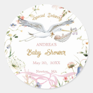 Storch Wildblumen-Band Baby Shower Runder Aufkleber