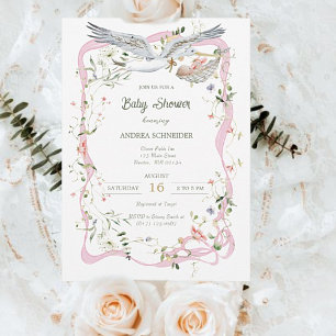 Storch Wildblumen-Schleife und -Band Baby Shower Einladung