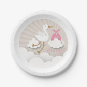 Storch + Wolken mit rosa Bündel-Mädchen-Babyparty Pappteller (Vorderseite)