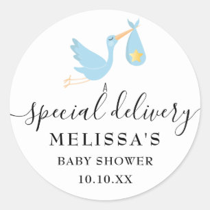 Storch zur besonderen Zustellung Baby Boy Shower S Runder Aufkleber