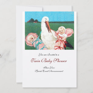 STORCH ZWILLINGS-BABY-MÄDCHEN-Einladung Rosa Weiß Einladung