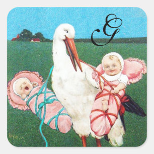 STORCH ZWILLINGS-BABY-MÄDCHEN-SPRÜH-MONOGRAMM QUADRATISCHER AUFKLEBER
