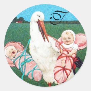 STORCH ZWILLINGS-BABY-MÄDCHEN-SPRÜH-MONOGRAMM RUNDER AUFKLEBER