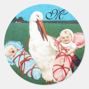 STORCH ZWILLINGS-BABY-TAUFE-MONOGRAMM RUNDER AUFKLEBER