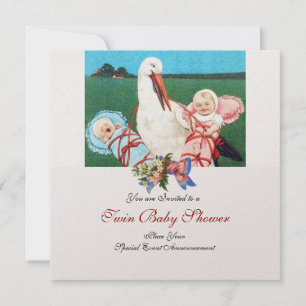 STORCH ZWILLINGS-BABYSHOWER, champagner metallic Einladung