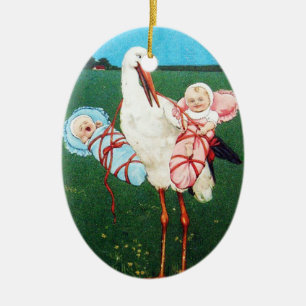 STORCH ZWILLINGS-BABYSHOWER, Rosa ,Türkisblau Keramikornament