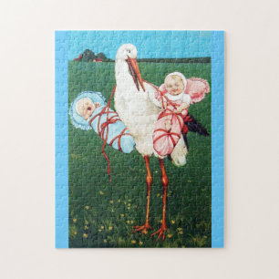 STORCH ZWILLINGS-BABYSHOWER, Rosa ,Türkisblau Puzzle