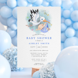 Storchen Blau Aquarell Vogel Moderne Babyparty für Einladung