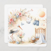 Stork and Baby Clothes Soft Pastel Baby Background Einladung (Vorne/Hinten)