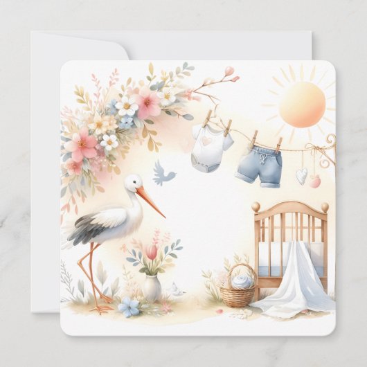 Stork and Baby Clothes Soft Pastel Baby Background Einladung (Vorderseite)