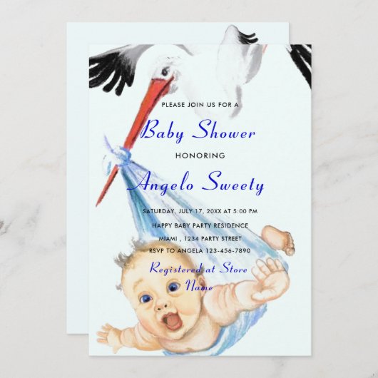 Stork and Baby Funny Baby Boy Shower Einladung (Vorne/Hinten)