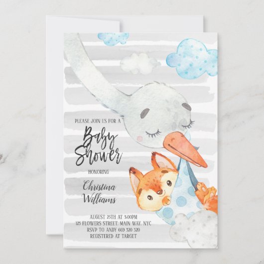 Stork and Fox Cub Boy Baby Shower Blue & Grau Nied Einladung (Vorderseite)