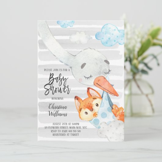 Stork and Fox Cub Boy Baby Shower Blue & Grau Nied Einladung (Stehend Vorderseite)