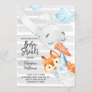 Stork and Fox Cub Boy Baby Shower Blue & Grau Nied Einladung