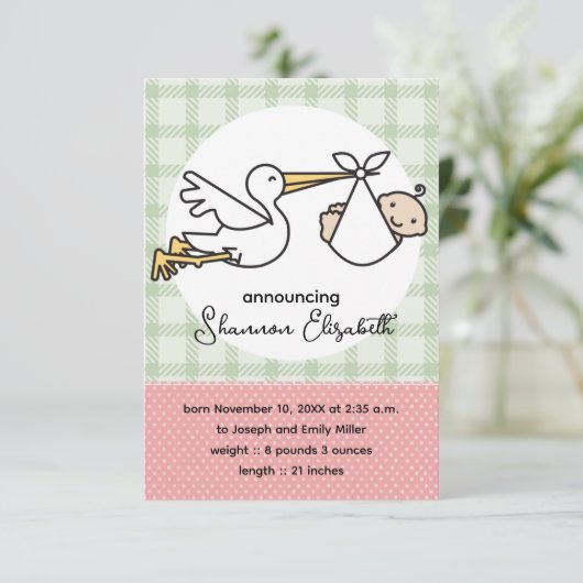 Stork Baby Birth Announcements (Pink) Ankündigung (Stehend Vorderseite)