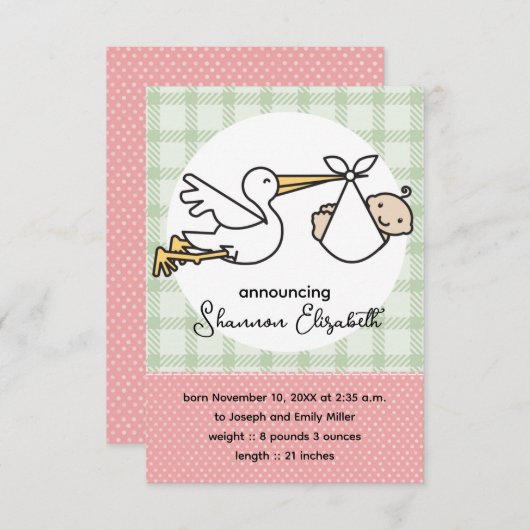 Stork Baby Birth Announcements (Pink) Ankündigung (Vorne/Hinten)