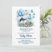 Stork Baby Boy Adoption Babydusche Einladung (Stehend Vorderseite)