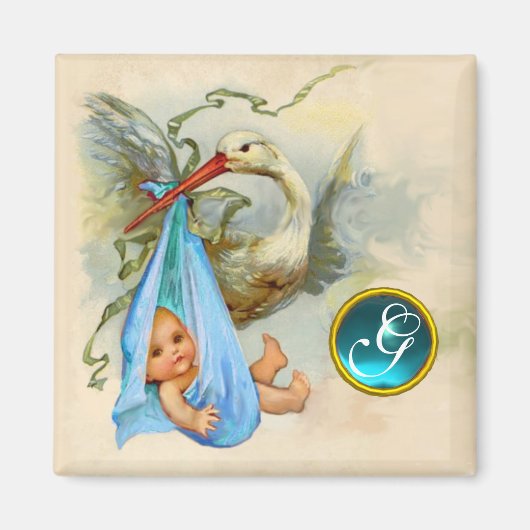 STORK BABY BOY DUSCHE 2 MONOGRAMM, Turquase Magnet (Vorne)