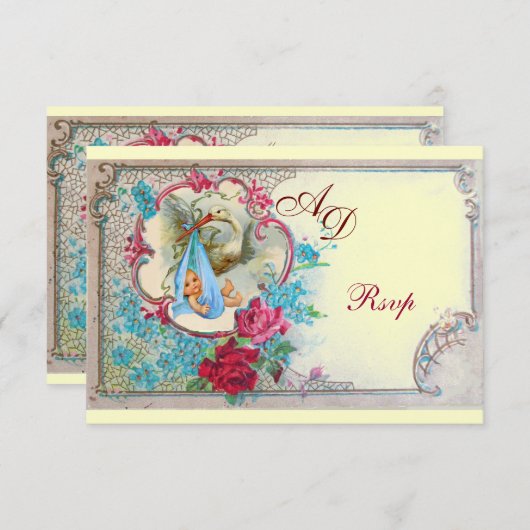 STORK BABY BOY DUSCHE MIT ROSE UND BLAUEN BLUMEN EINLADUNG (Vorne/Hinten)