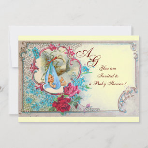 STORK BABY BOY DUSCHE MIT ROSE UND BLAUEN BLUMEN EINLADUNG