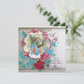 STORK BABY BOY DUSCHE MIT ROSE UND BLAUEN BLUMEN EINLADUNG (Stehend Vorderseite)