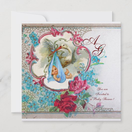 STORK BABY BOY DUSCHE MIT ROSE UND BLAUEN BLUMEN EINLADUNG (Vorderseite)