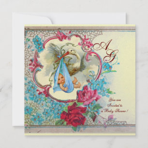 STORK BABY BOY DUSCHE MIT ROSE UND BLAUEN BLUMEN EINLADUNG