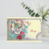 STORK BABY BOY DUSCHE MIT ROSE UND BLAUEN BLUMEN EINLADUNG (Stehend Vorderseite)