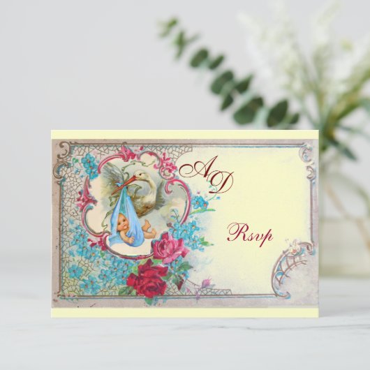 STORK BABY BOY DUSCHE MIT ROSE UND BLAUEN BLUMEN EINLADUNG (Stehend Vorderseite)