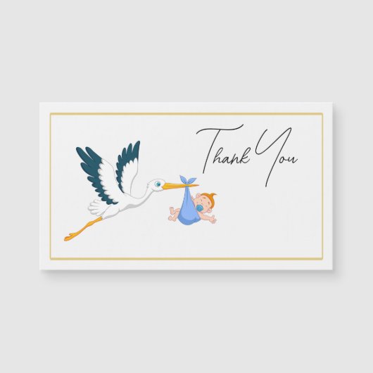 Stork Baby Boy mit elegantem Script Danke Magnetkarte (Vorderseite)