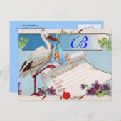 STORK BABY BOY SHOWER 2 EINLADUNGSPOSTKARTE (Vorne/Hinten)