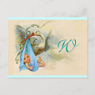 STORK BABY BOY SHOWER 2 EINLADUNGSPOSTKARTE