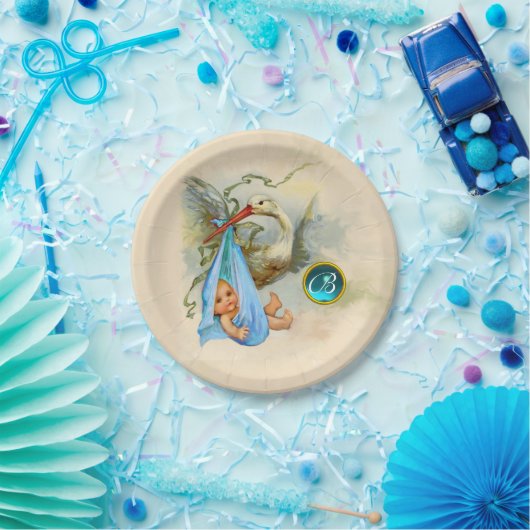 STORK BABY BOY SHOWER BLUE GEM STONE MONOGRAM PAPPTELLER (Party)