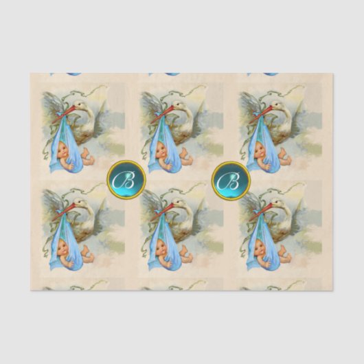 STORK BABY BOY SHOWER BLUE GEM STONE MONOGRAM SEIDENPAPIER (Vorderseite)