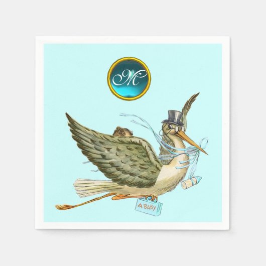 STORK BABY BOY SHOWER BLUE GEM STONE MONOGRAM SERVIETTE (Vorderseite)