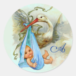 STORK BABY BOY SHOWER BLUE MONOGRAM , RUNDER AUFKLEBER