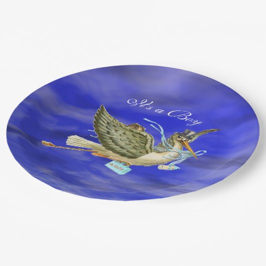 STORK BABY BOY SHOWER Blue Sky Pappteller (Schrägansicht)