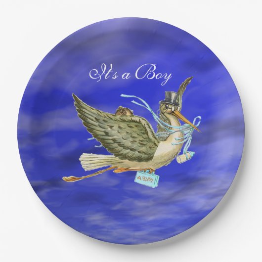 STORK BABY BOY SHOWER Blue Sky Pappteller (Vorderseite)