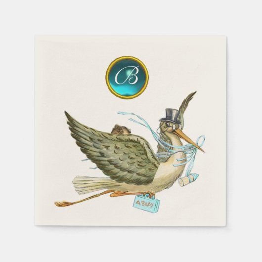 STORK BABY BOY SHOWER BLUR GEM STONE MONOGRAM SERVIETTE (Vorderseite)